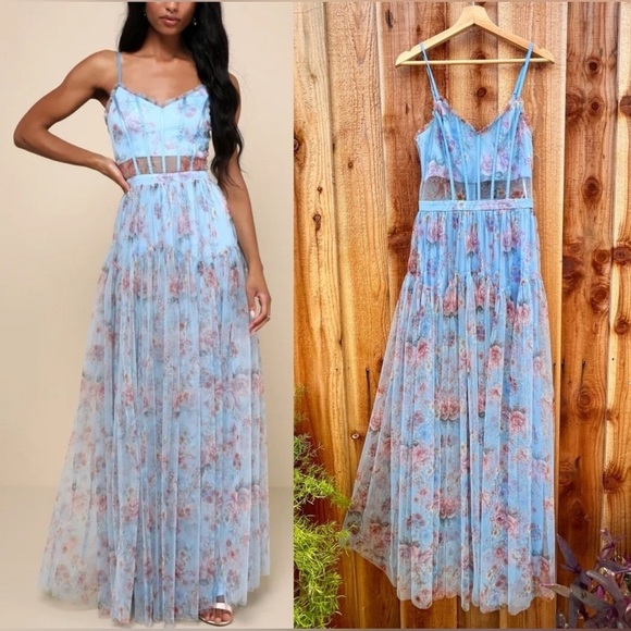 Lulus Sultry Luxury Blue Floral Print Mesh Tiered Bustier
Maxi Dress, Size XL - Picture 1 of 7